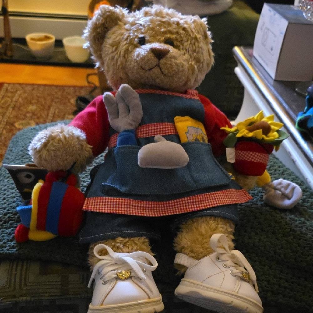 Build-A-Bear Tan Teddy with Denim Apron and Accessories